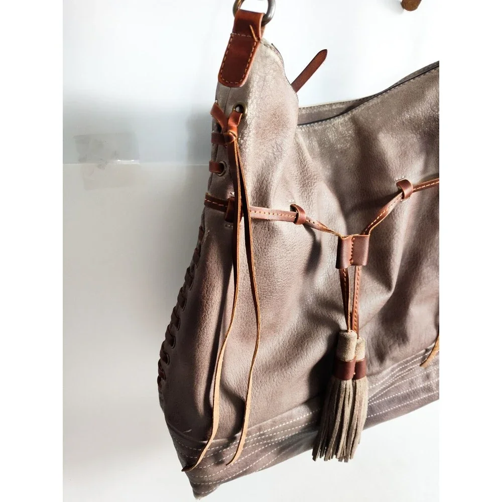 Free People Brown Leather Hobo Shoulder Bag with Tassels